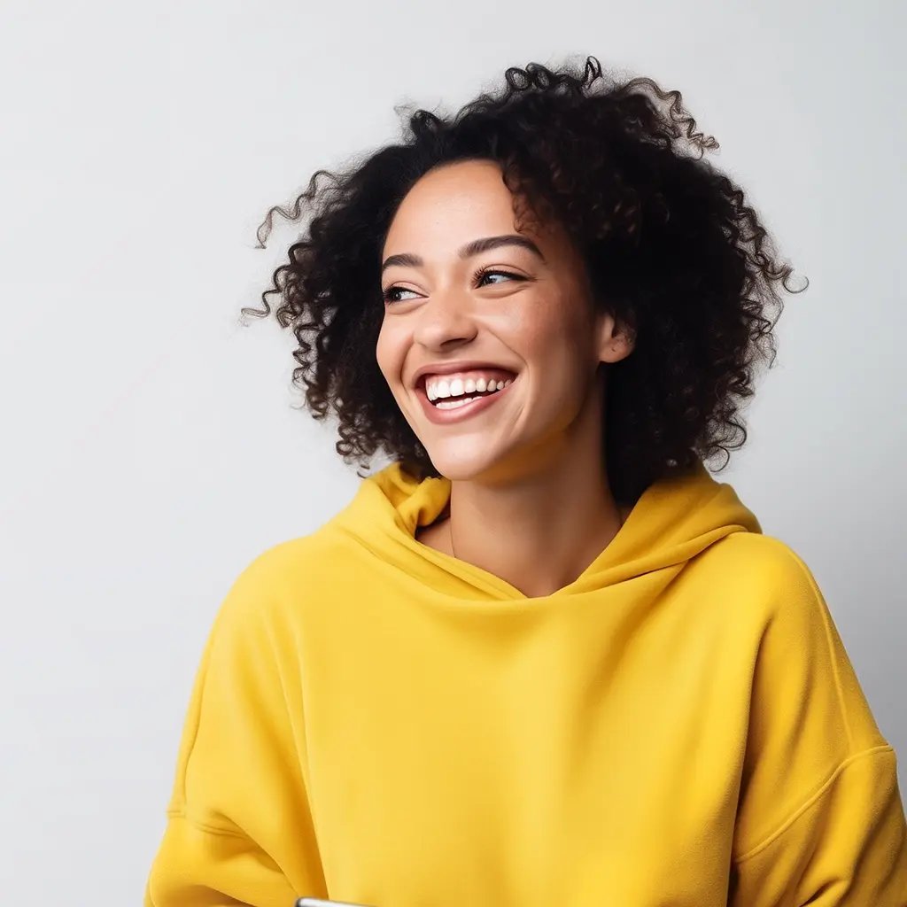 Smiling woman in a yellow hoodie holding a tablet against a light background